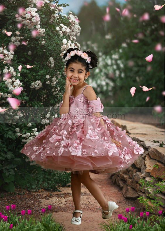 Dusty Pink Beaded Double Straps Lace Tulle Sweet Flower Girl Dress